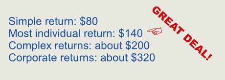 JMLINCE tax preparation fees: $80 for single filers with W-2 income, $140 for Head of Household or Married Filing Jointly, $140–$200 for returns with Schedule C, and approximately $320 for corporate tax returns.